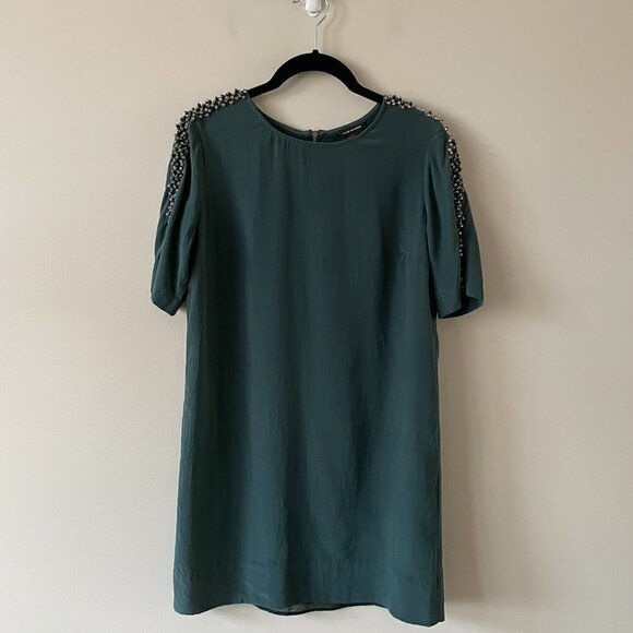Club Monaco Beaded Short Sleeve Round Neck Shift Mini Dress Moss Green 2 - Picture 2 of 9